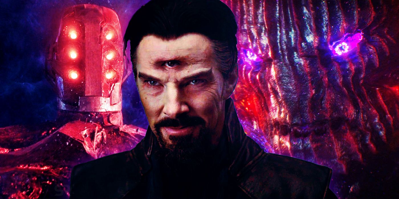 Split Image: Arishem looks menacingly over the earth; Doctor Strange's third eye appears; Dormammu glowers
