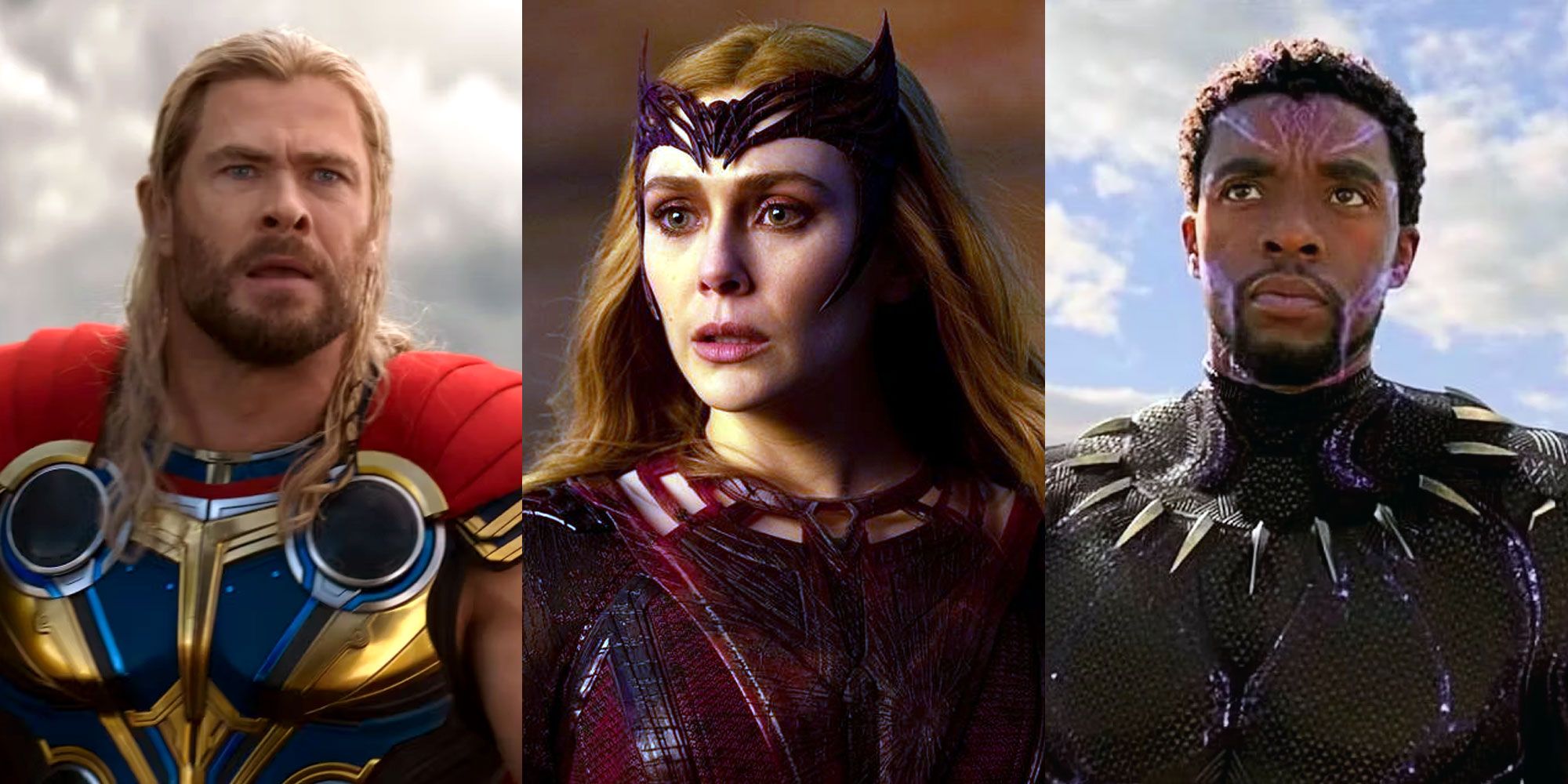 Split image of Thor, Scarlet Witch and Black Panther in the MCU