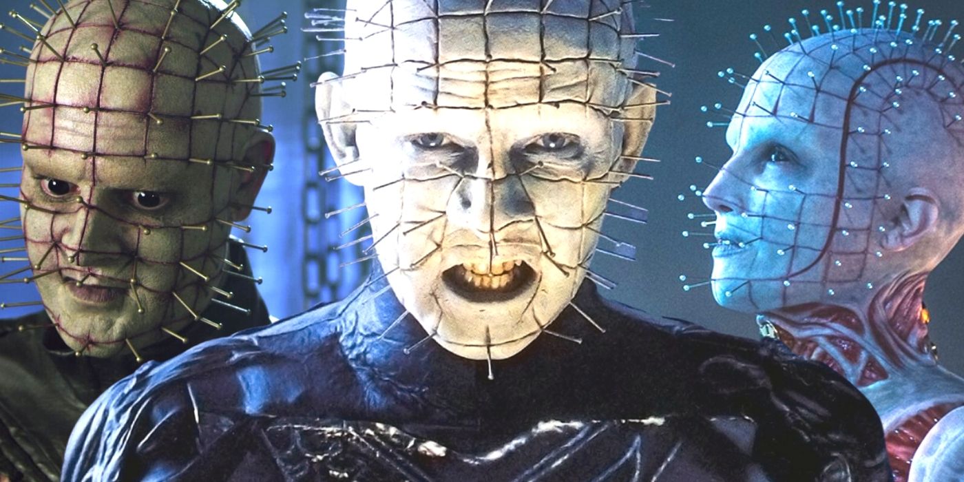 Three versions of Pinhead from the Hellraiser franchise, with Doug Bradley's version from Hellraiser 1 at the center.