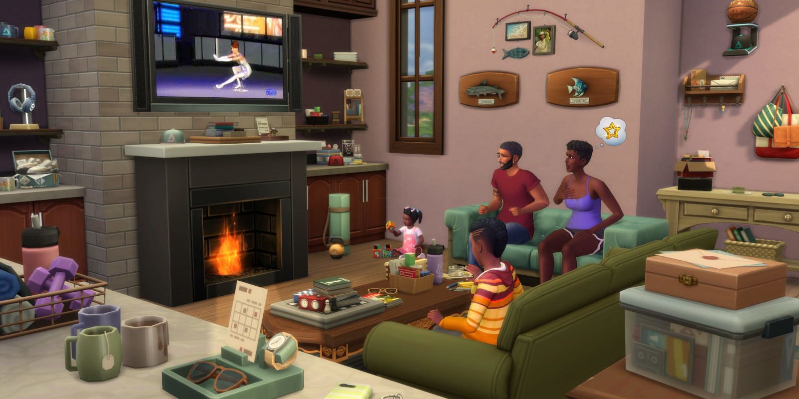 Uma imagem de uma família Sims passando um tempo juntos em uma sala de estar, com a decoração do kit Everyday Clutter do The Sims 4 espalhada.
