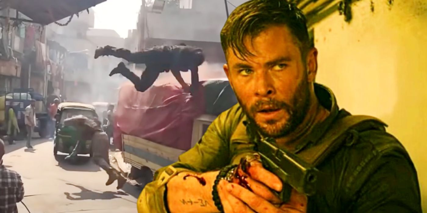 Custom image of stuntmen falling and Chris Hemsworth in Extraction.