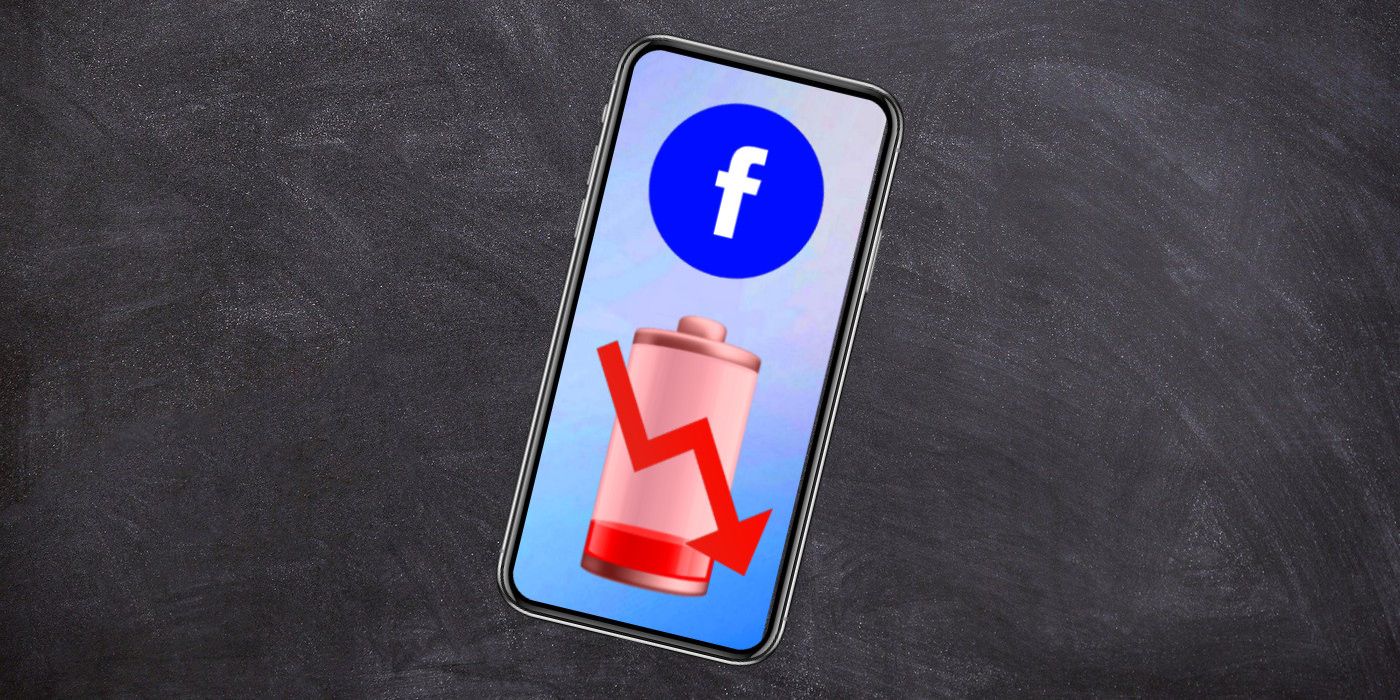 Smartphone with a Facebook logo at the top and a drained battery overlaid with a downward arrow at the bottom