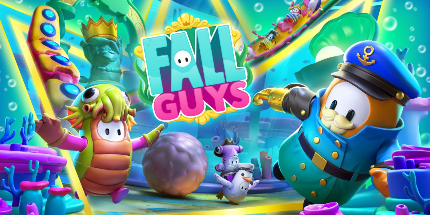 Fall Guys promo art featuring the playable jelly-bean-like creatures in colorful costumes.