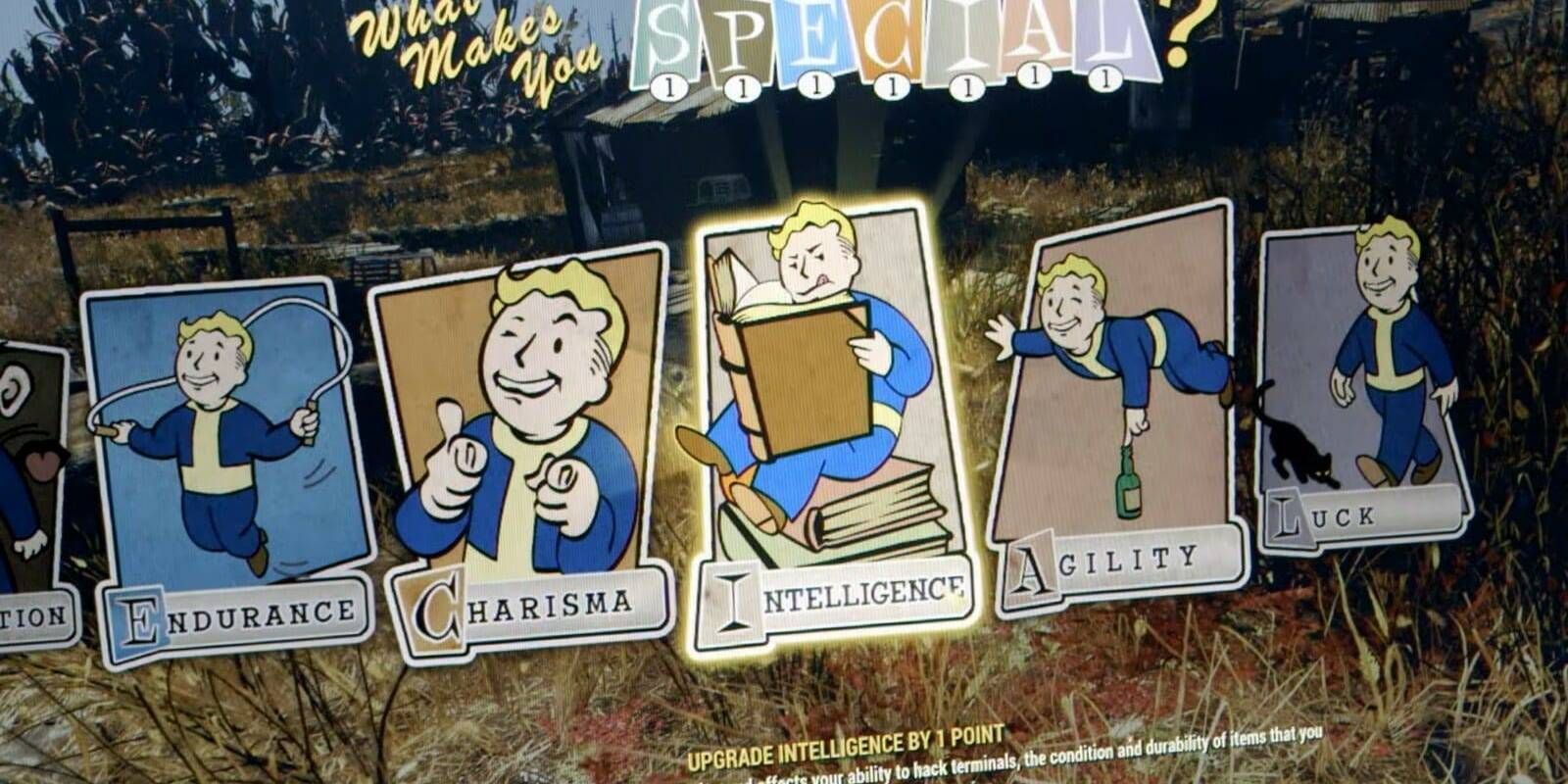 Fallout 76 Intelligence Stat From Start of Game with Other Skills Including Endurance, Charisma, Agility, and Luck