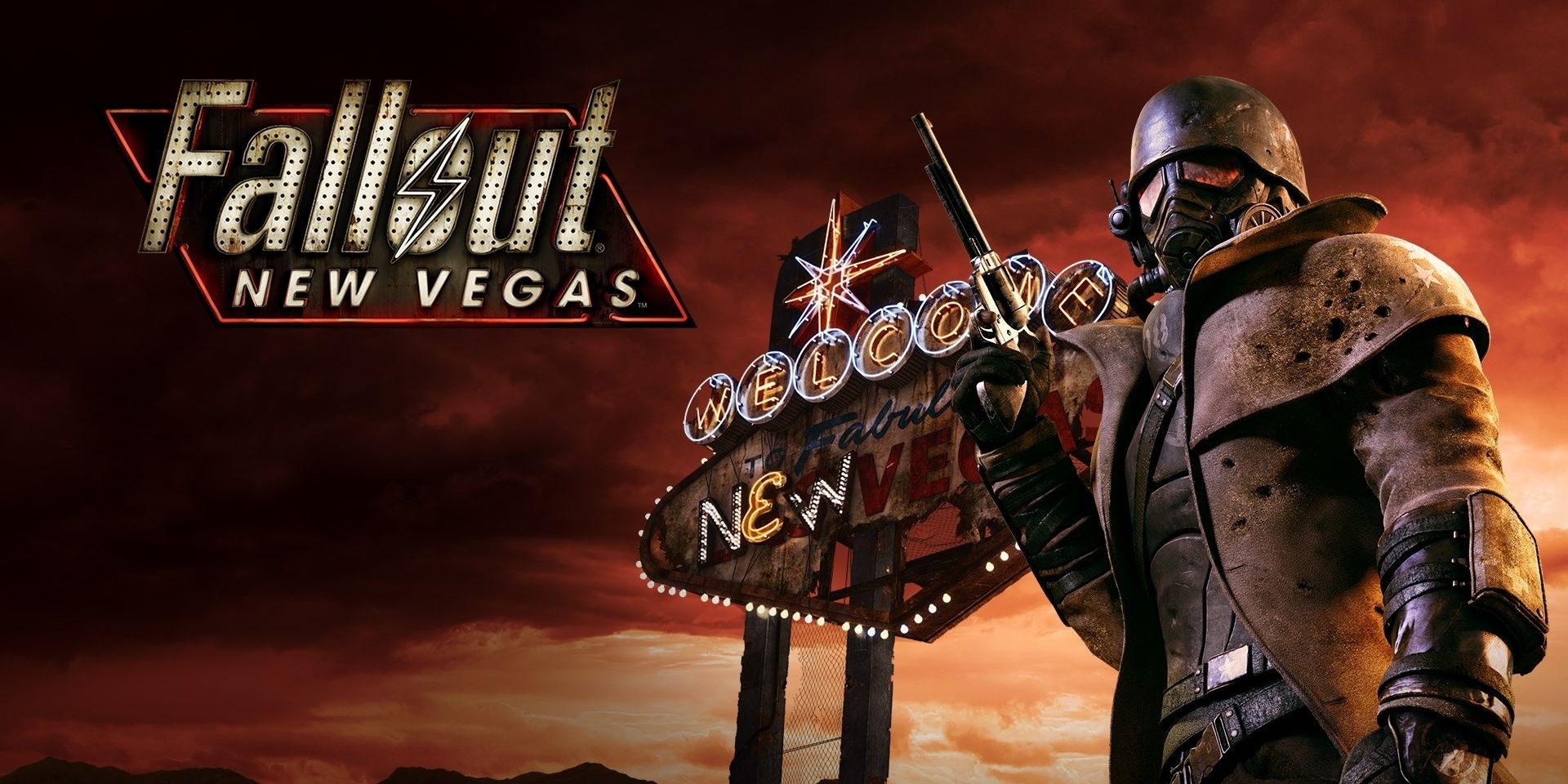 Le Lone Ranger de Fallout New Vegas posant avec un pistolet à la main alors qu'il regarde avec le signe de la ville derrière lui.