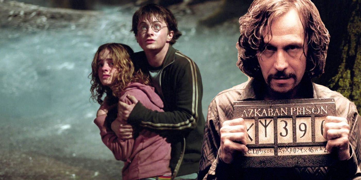 A collage image of Harry and Hermione sitting together and Sirius Black at Azkaban