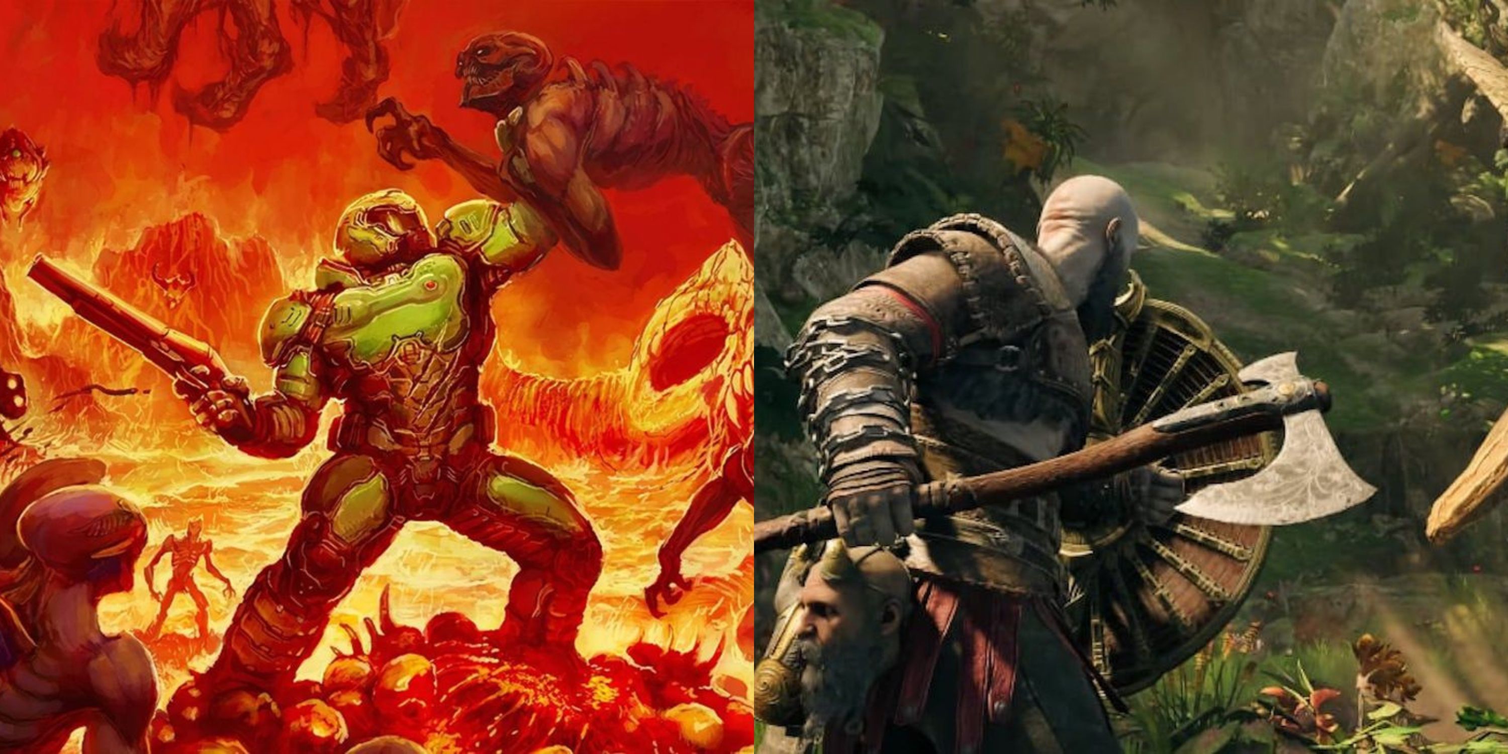 Featured image cover art for Doom 2016 and gameplay from God of War Ragnarok with Kratos attacking