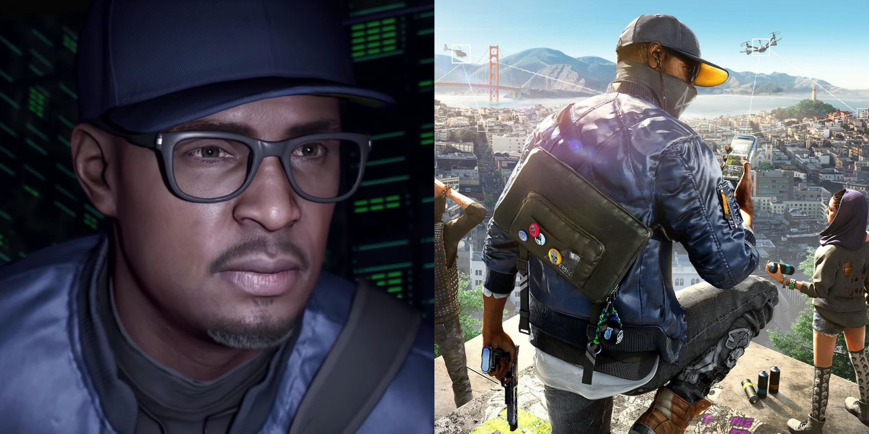 Featured image split Marcus looking at a screen in Watch Dogs 2 and cover art for the game
