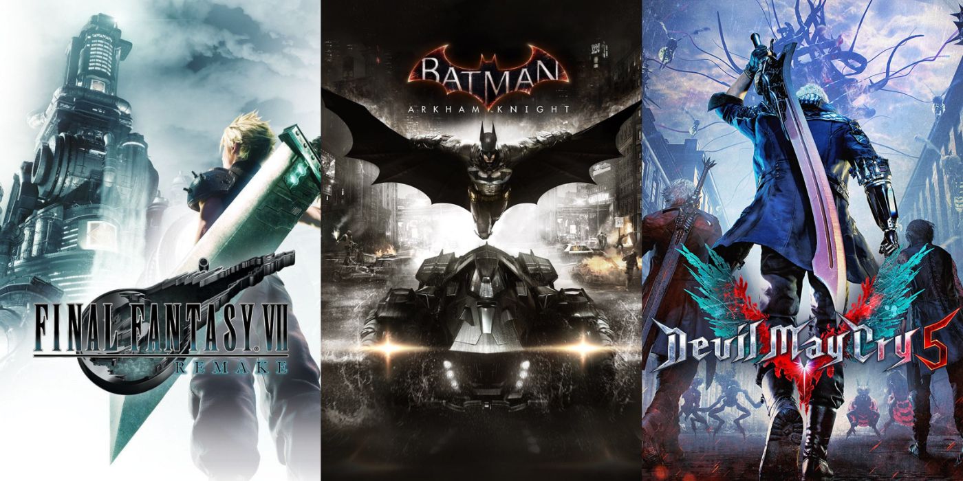 Split image of Final Fantasy VII Remake, Batman: Arkham Knight, and Devil May Cry 5.