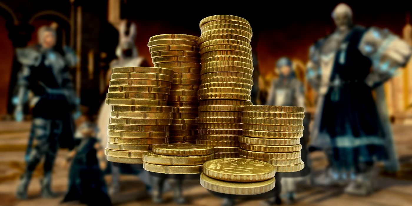 A gold coin stack superimposed on a blurred image of Final Fantasy 14 characters posing in the background.