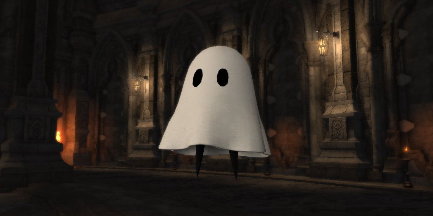 FFXIV's Mama Automaton ghost minion floats in a dark stone corridor.