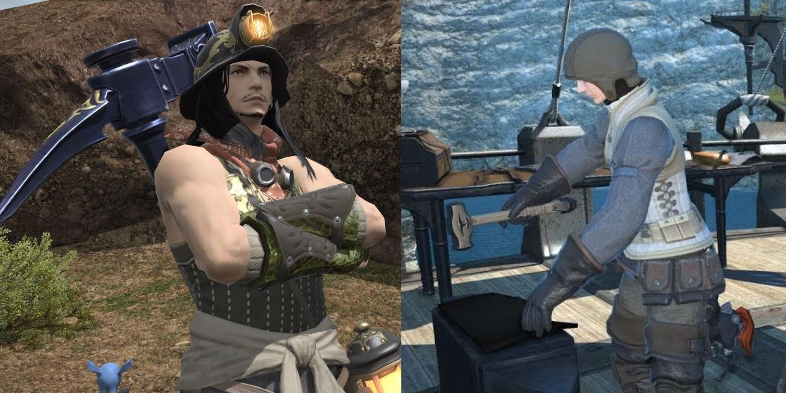 A collage of a FFXIV Miner posing on the left and an Armorer crafting something on a workbench on the right.