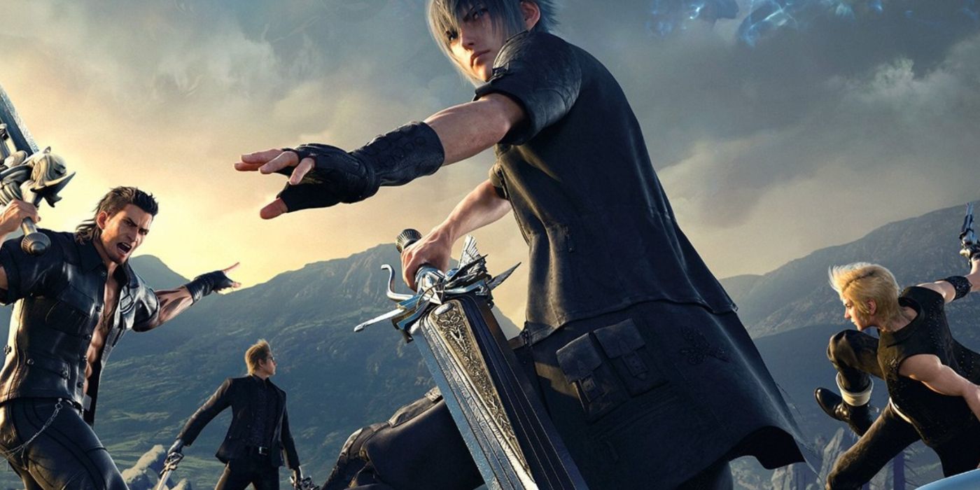 Noctis and co. in battle poses in Final Fantasy XV key art.
