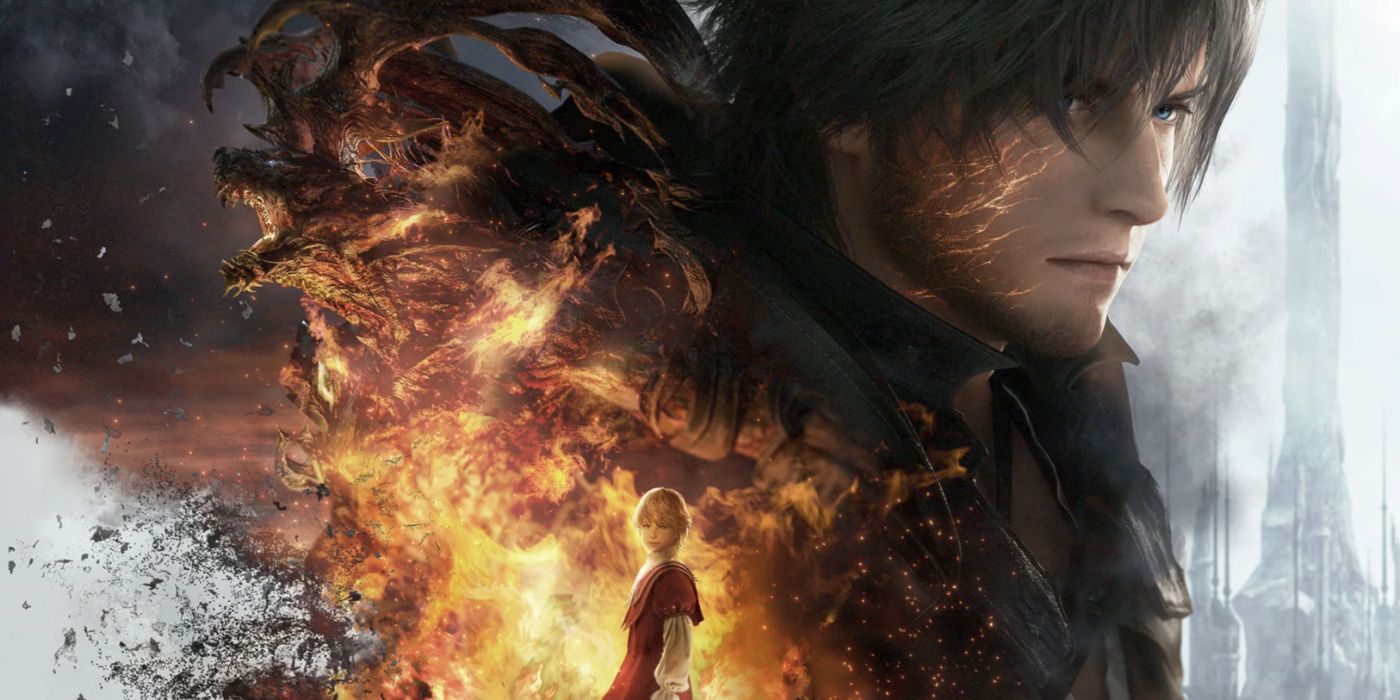 Final Fantasy XVI key art featuring Clive, the flaming Eikon Ifrit, and Joshua.