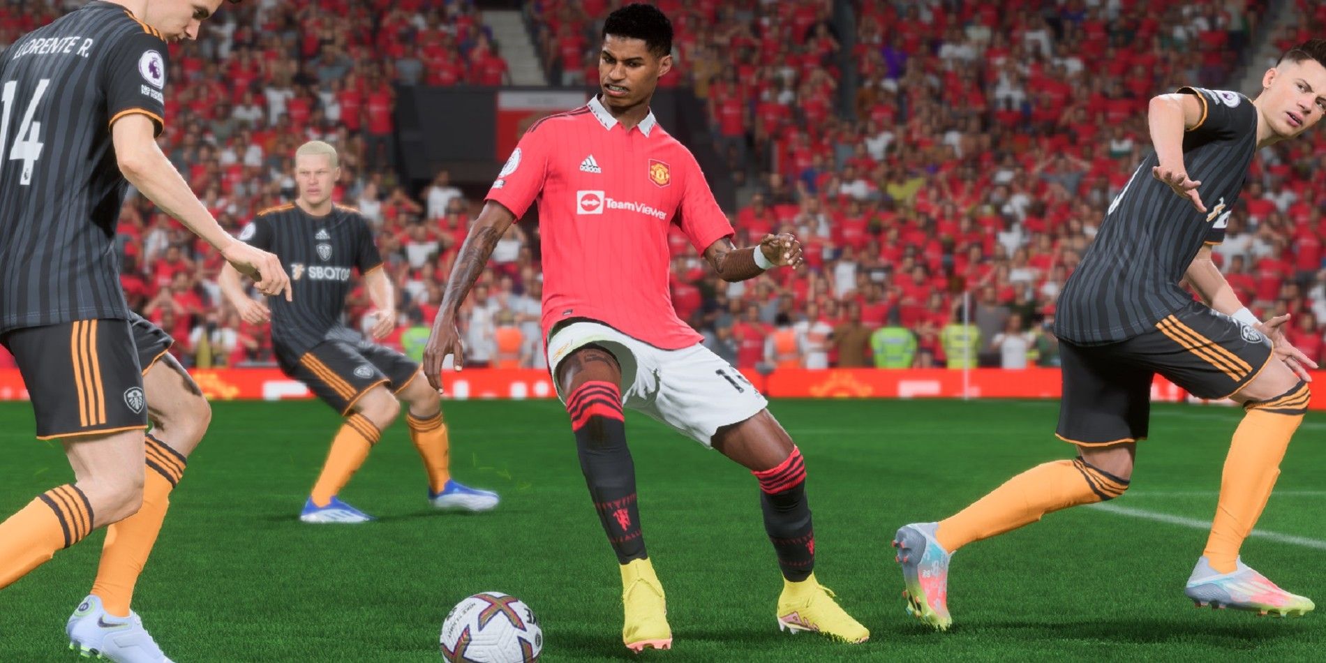 An image of Marcus Rashford playing soccer in Fifa 23. 