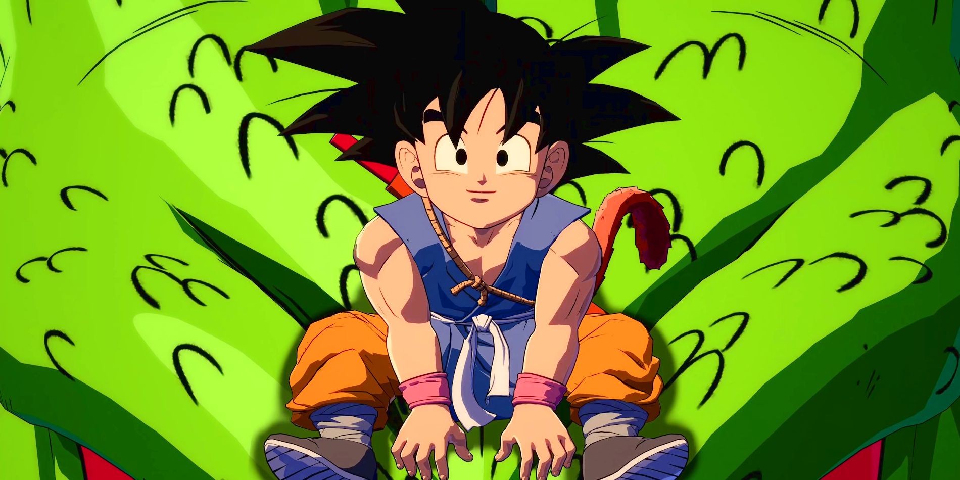 A young Goku is seen wearing his GT outfit while riding on Shenron's head and looking toward the camera.