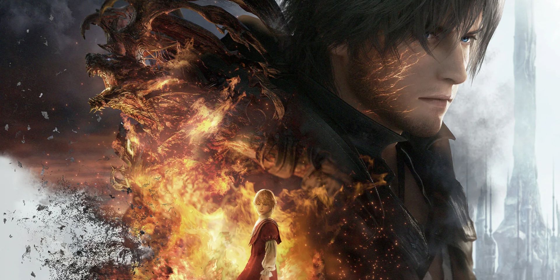 Final Fantasy 16 protagonist Clive looks into the distance;  his younger brother Joshua is superimposed, looking back, surrounded by flames