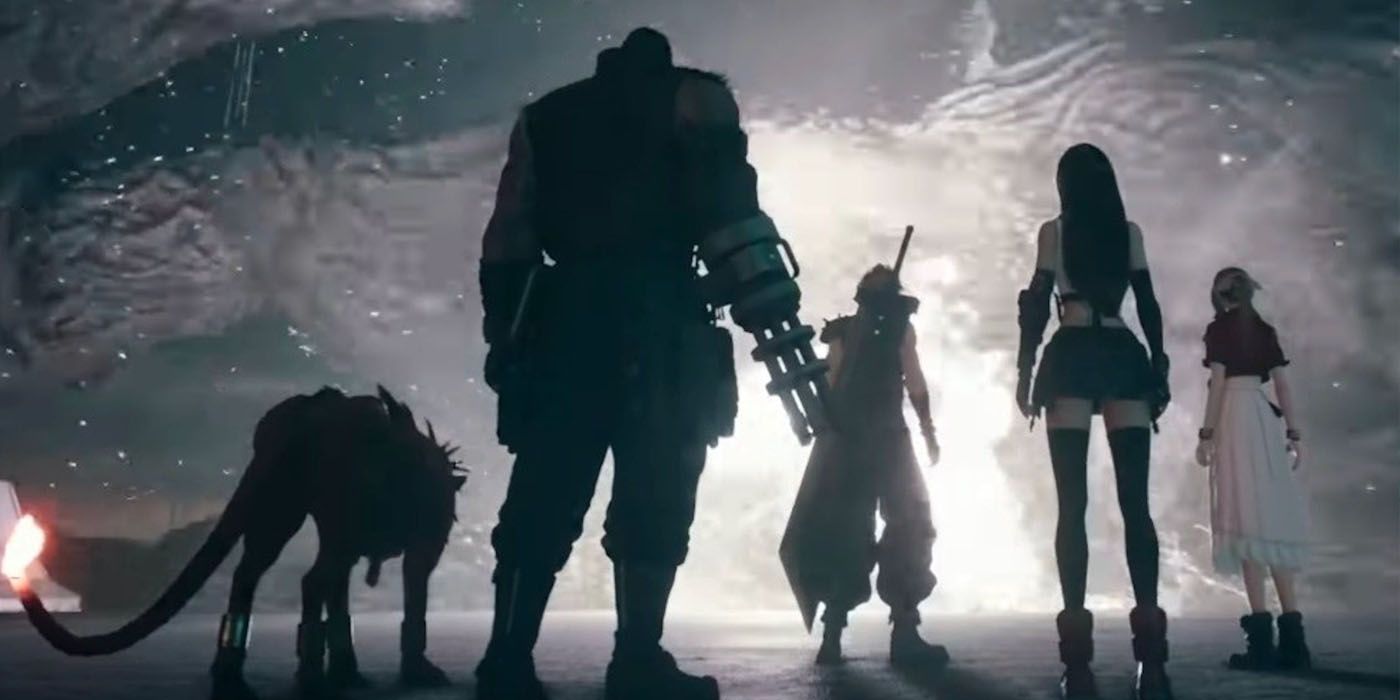 A screenshot of Final Fantasy VII Remake featuring Cloud and his friends standing before a mysterious light.
