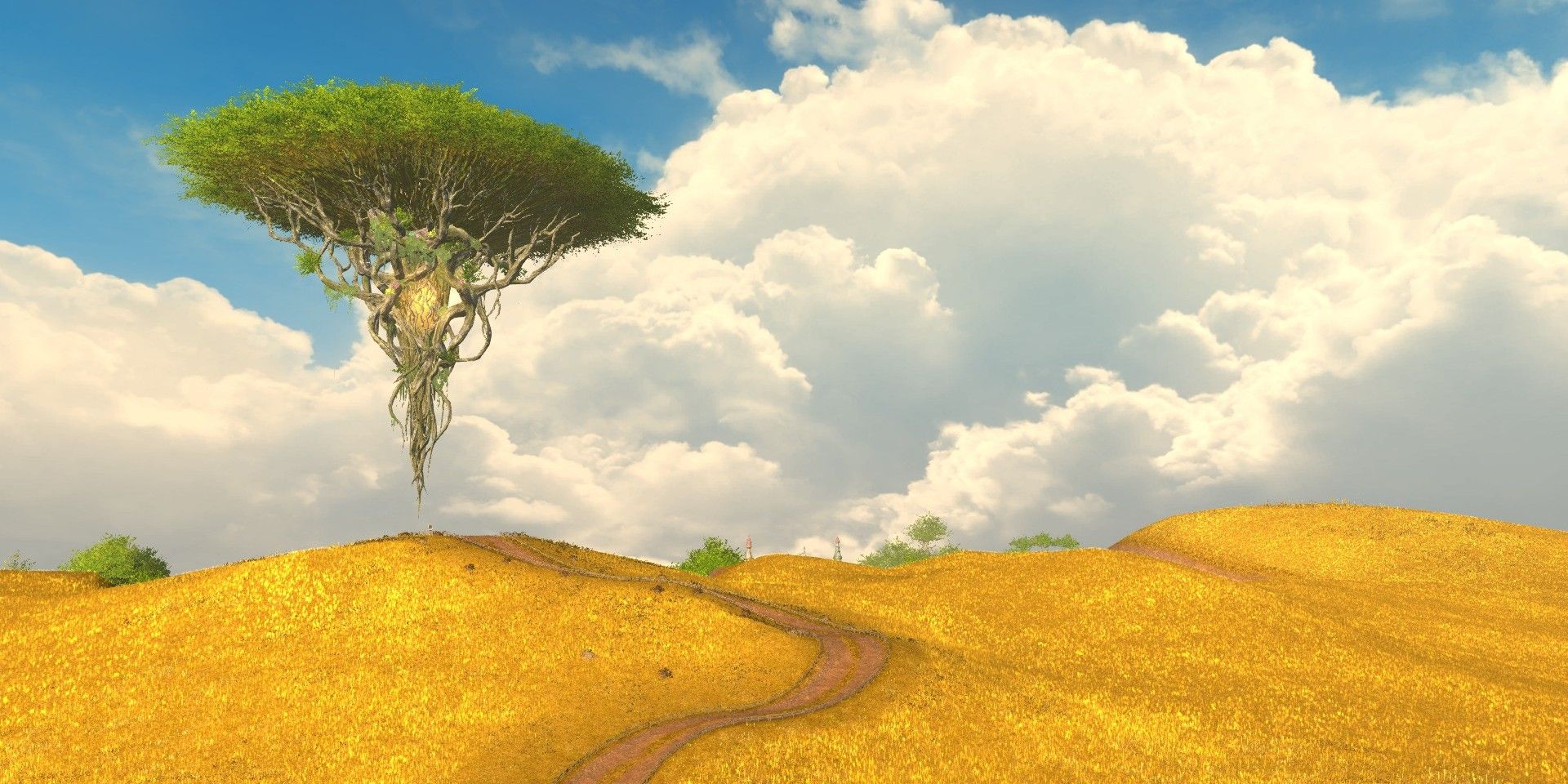 Final Fantasy XIV's Euphrosyne Raid initial setting. It is a golden field with a blue sky and large clouds and, closer in the distance is a floating tree.