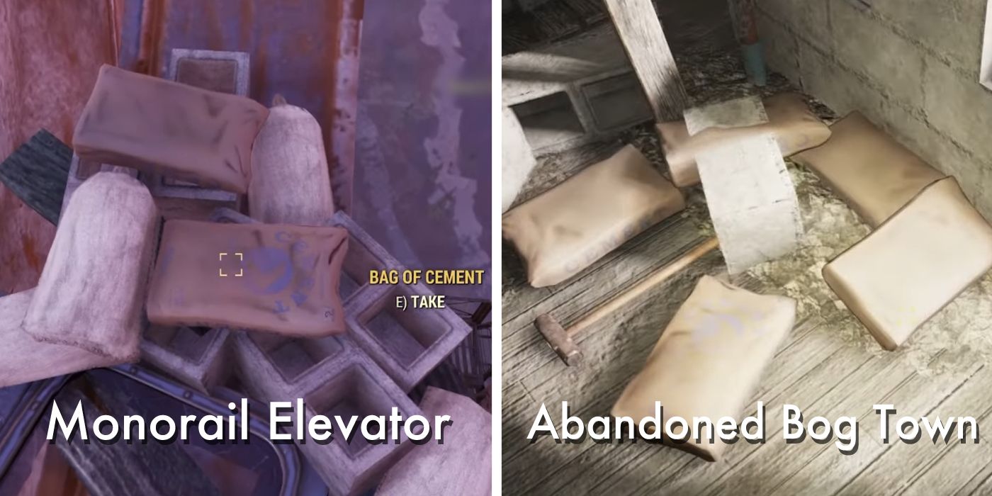 Encontrando Sacos de Cimento no Elevador do Monotrilho e dentro de Abandoned Bog Town em Fallout 76