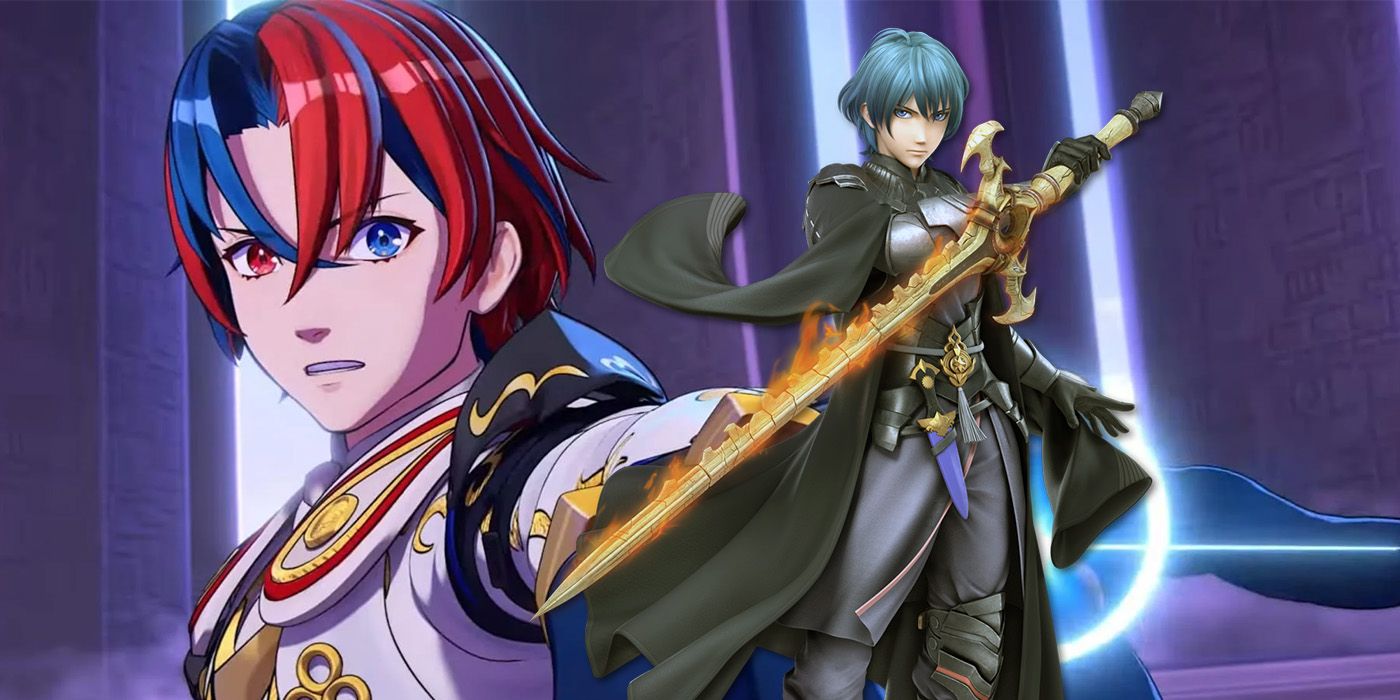 A close-up of Fire Emblem Engage's Alear and Three House's Byleth, holding a flaming sword.