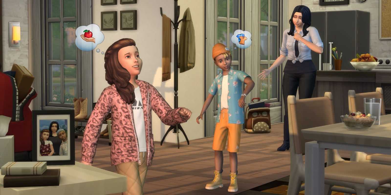 The Sims 4 promotional image for the First Fits Kit, showing two children wearing new outfits while an adult Sim looks on heartwarmingly.