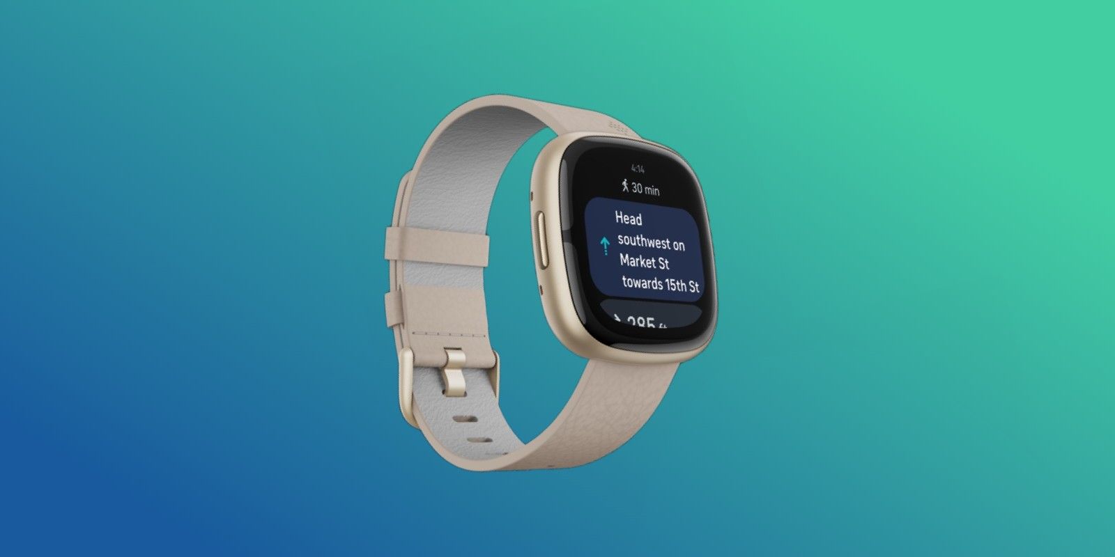 A photo of the Fitbit Sense 2 with Google Maps navigation on the screen