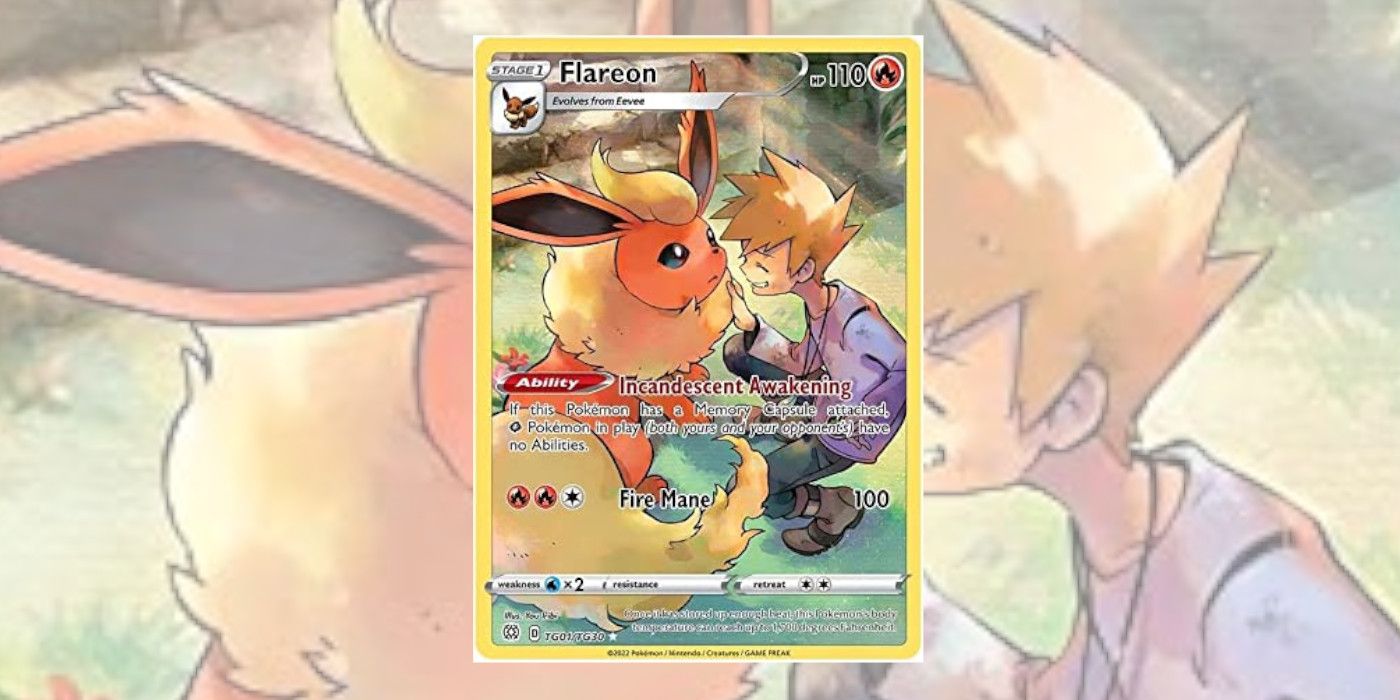 Flareon Pokémon TCG Playing Card, with Blue crouched and smiling, petting the Pokémon.