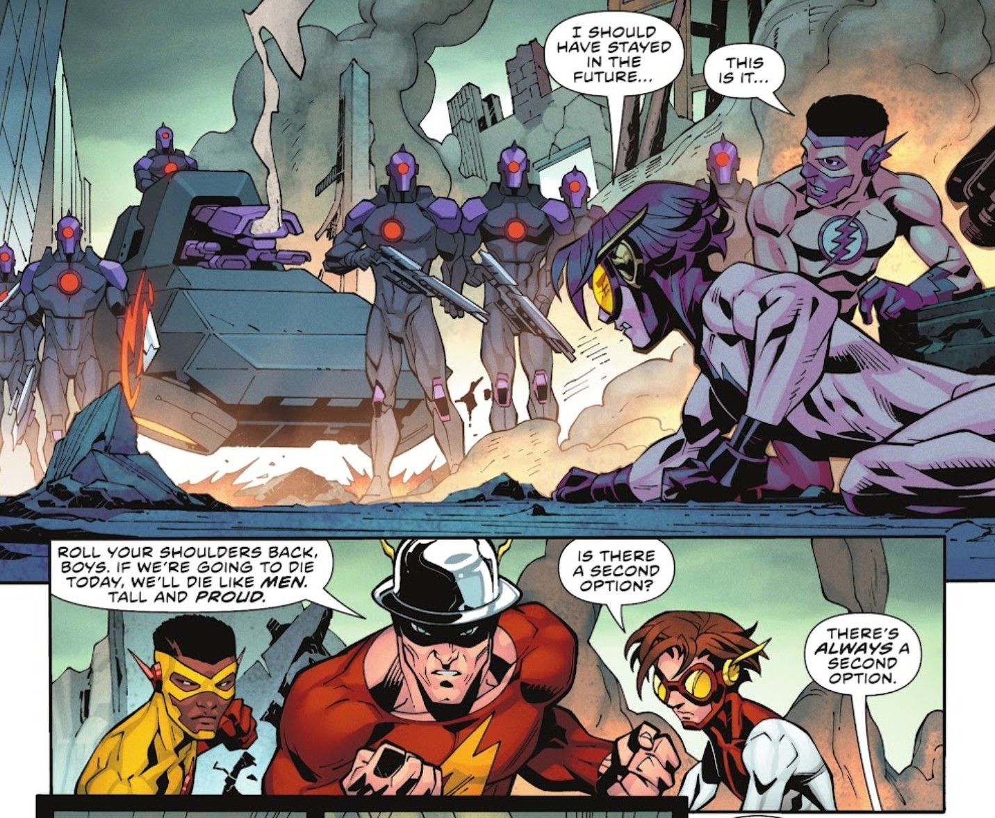 Flash Jay Garrick Offers Kid Flash and Impulse Advice in a War Zone