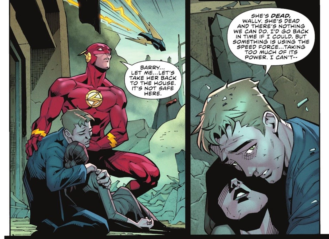 Flash Wally West conversando com Barry Allen, que segura o corpo de Iris West