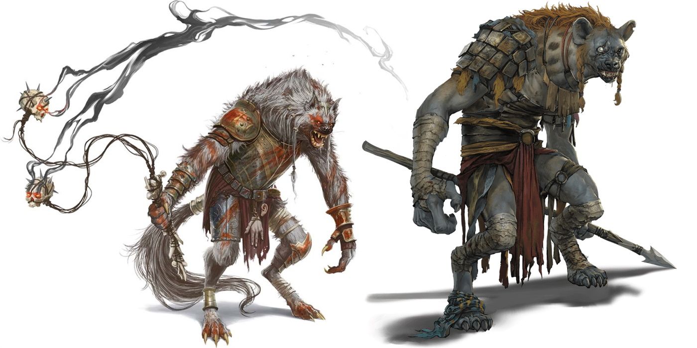 Flind and Gnoll artwork for Dungeons & Dragons, both beast-like creatures that walk on two legs.