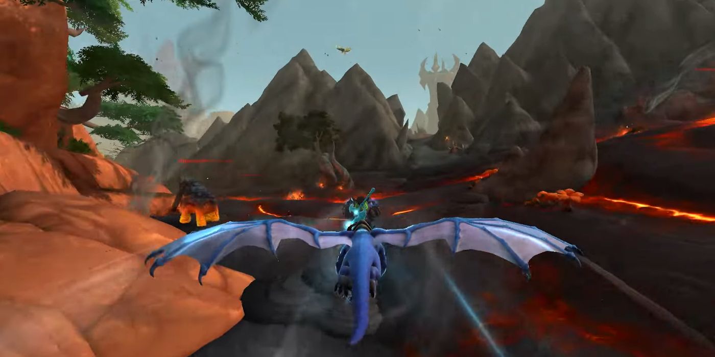 Flying Around the Lava Pools of Dragon Isles Atop a Dragon in WoW Dragonflight