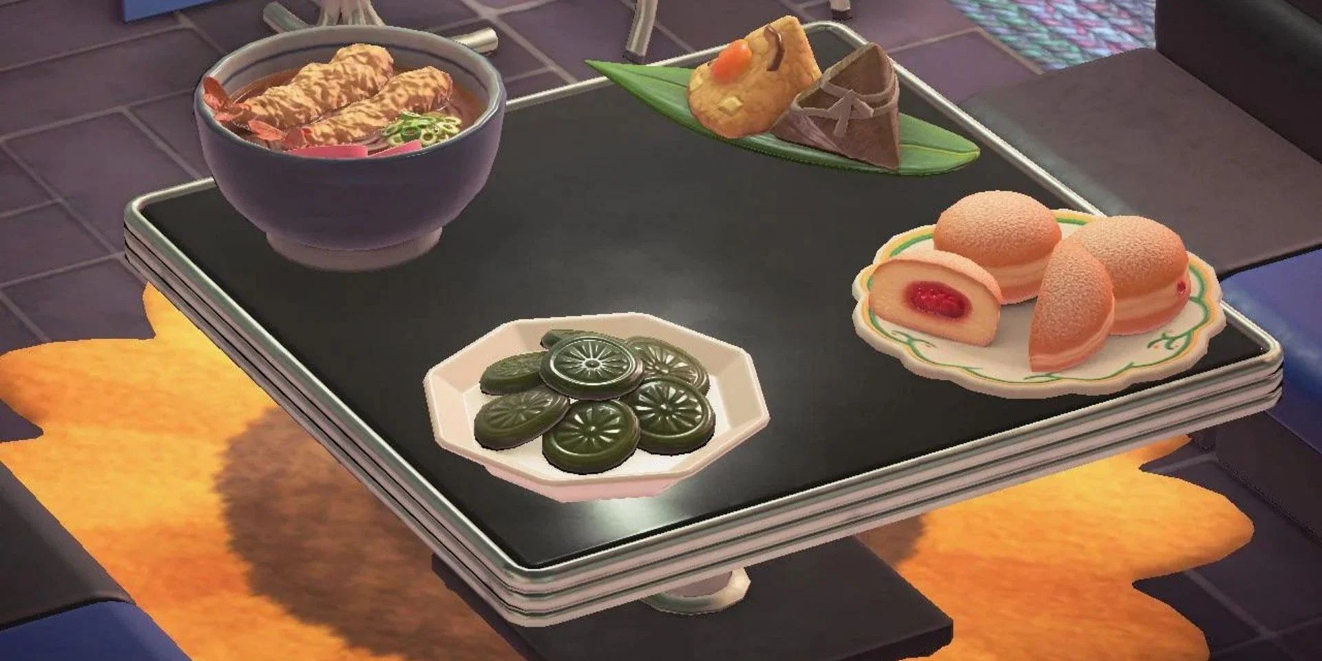 Uma mesa cheia de comida em Animal Crossing New Horizons