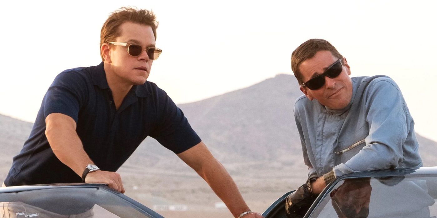 Matt Damon and Christian Bale look on in Ford v Ferrari