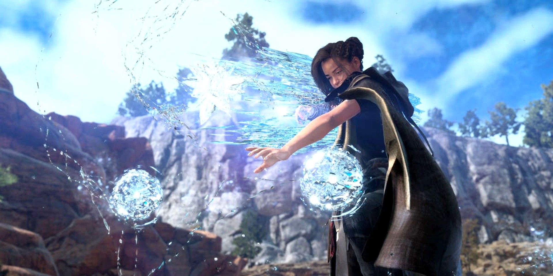 An image of Frey using a defensive water spell in Forspoken. 