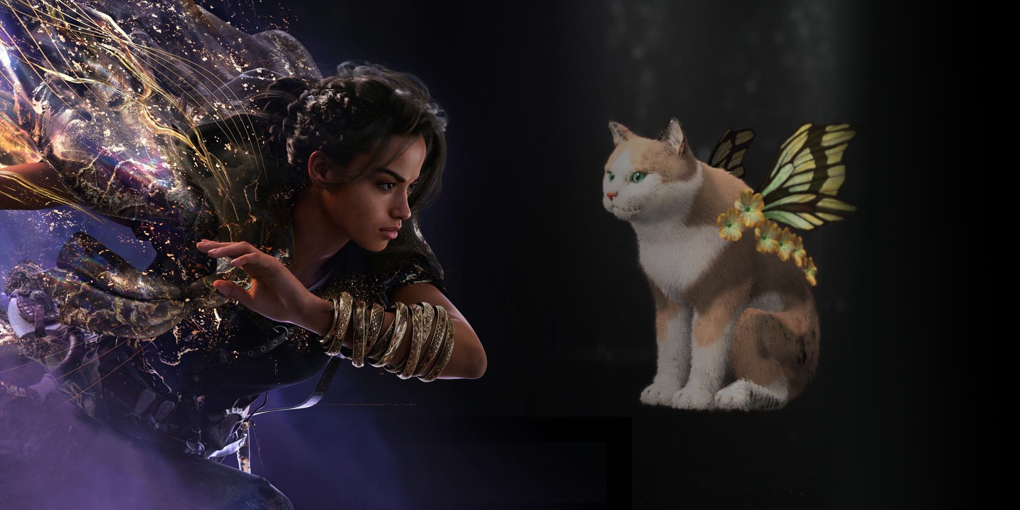 Frey from Forspoken on the left, Tanta's Familiar cat with butterfly wings on the right against a black background.