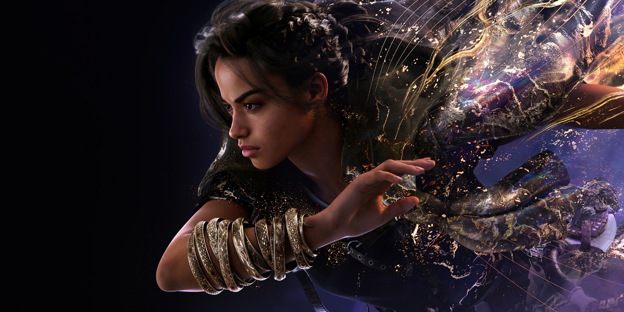 Key art for Forspoken, showing Frey wearing Cuff and surrounded by her signature purple magic.