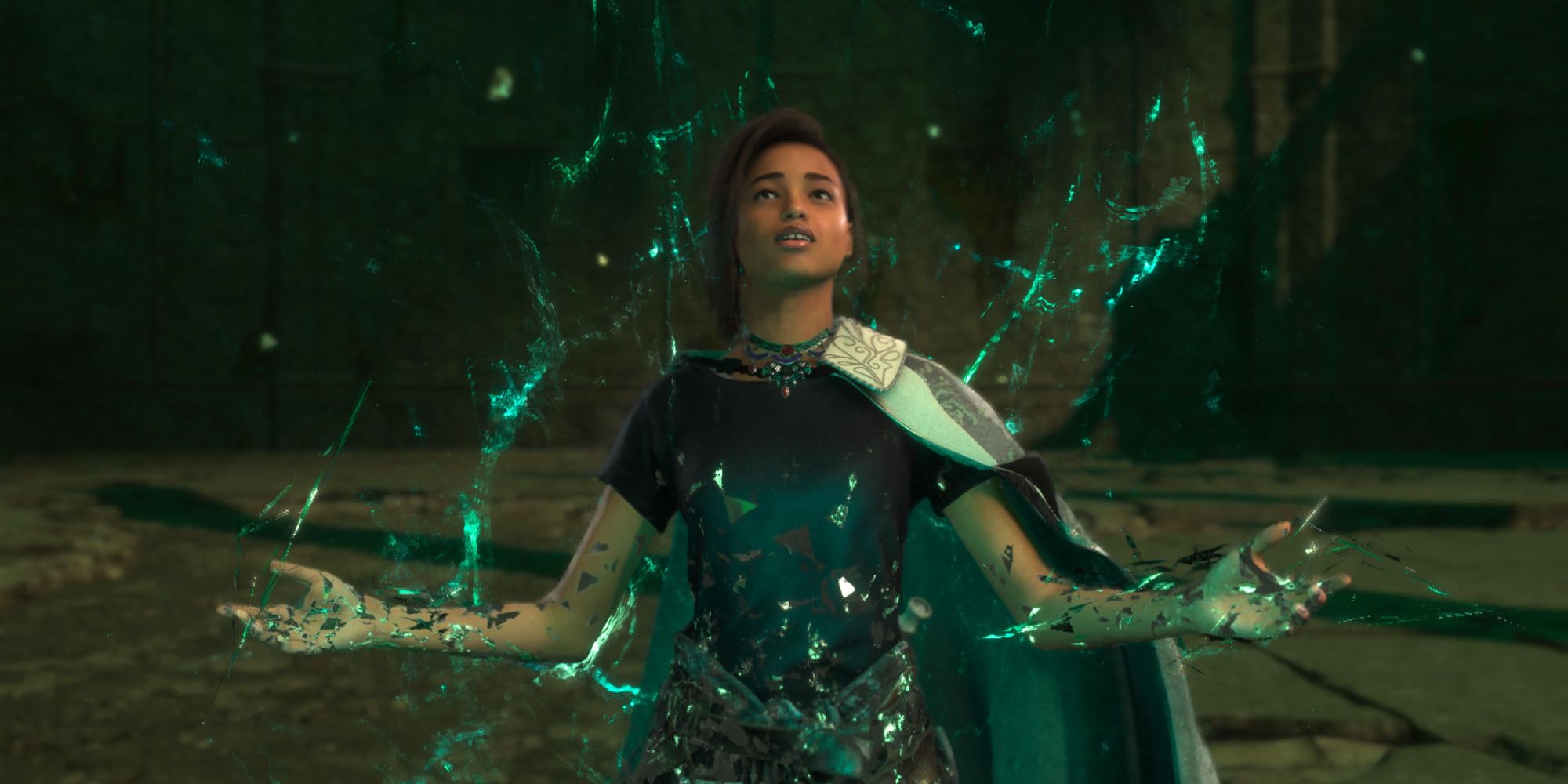 Forspoken&rsquo;s Frey standing with her arms outstretched, surrounded by green, magical wisps.