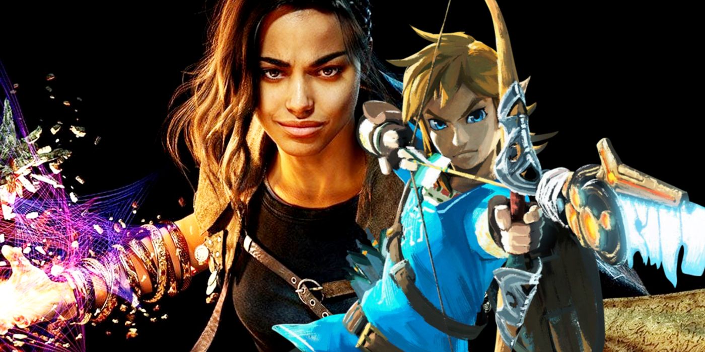 Cover art for Forspoken showing Frey with her magic smiling at the camera against a black background. Artwork of Link wielding a bow from Breath of the Wild is pasted to the right.