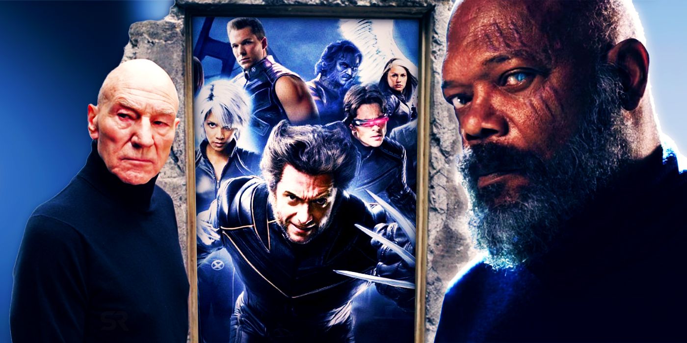 Fox's X-Men, including Professor X (patrick stewart), Wolverine (Hugh Jackman), Cyclops (James Marsden), Storm (Halle Berry), Colossus, Beast (Kelsey Grammar), and Rogue (Anna Paquin) burst through the door; Nick Fury in Secret Invasion