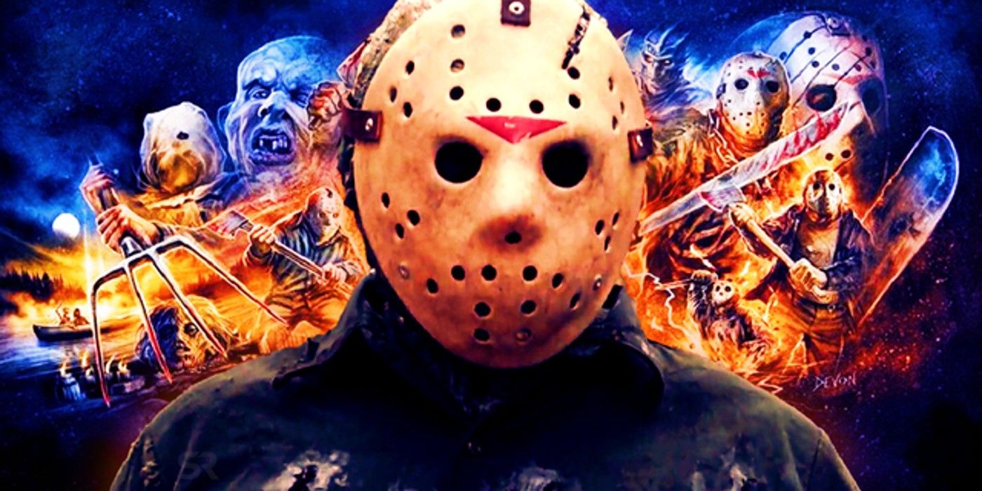 A collage of the many version of Jason Voorhees in the Friday the 13th movies.