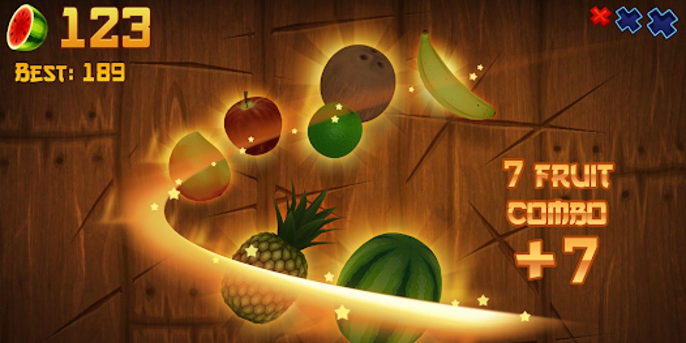A gameplay image of Fruit Ninja showing a sword cutting through food. 