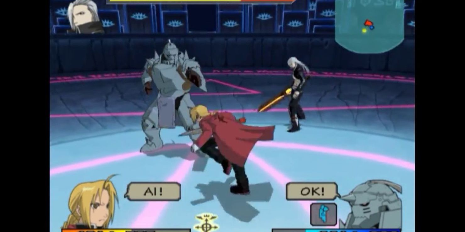 Edward e Alphonse Elric lutam contra Jack Crowley em Fullmetal Alchemist 2: Curse of the Crimson Elixir.