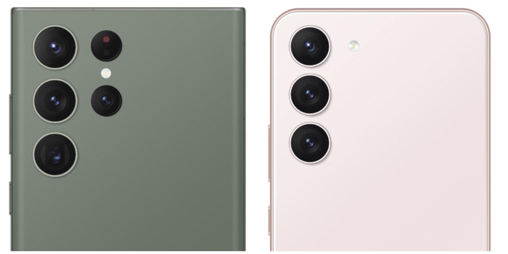 Galaxy S23 Ultra shown in green and Galaxy S23 Plus depicted in light pink colors. 