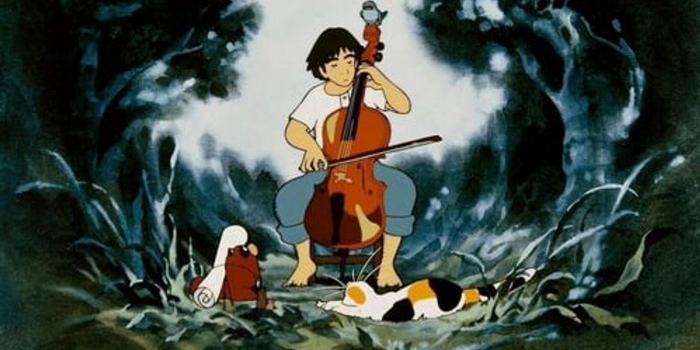 Gauche playing the cello surrounded by animals in Gauche the Cellist