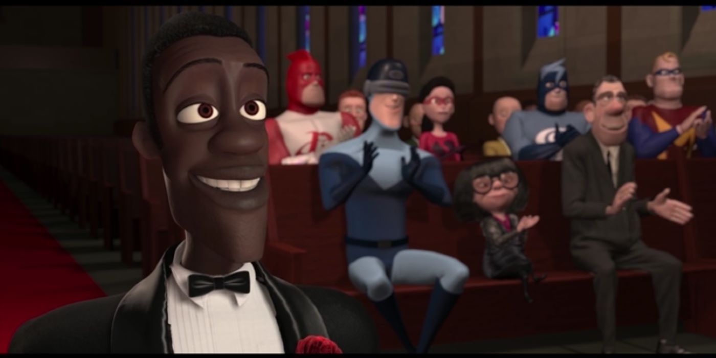 Frozone Gazerbeam and Edna mode clapping at Helen and Bob Parr's wedding in the incredibles