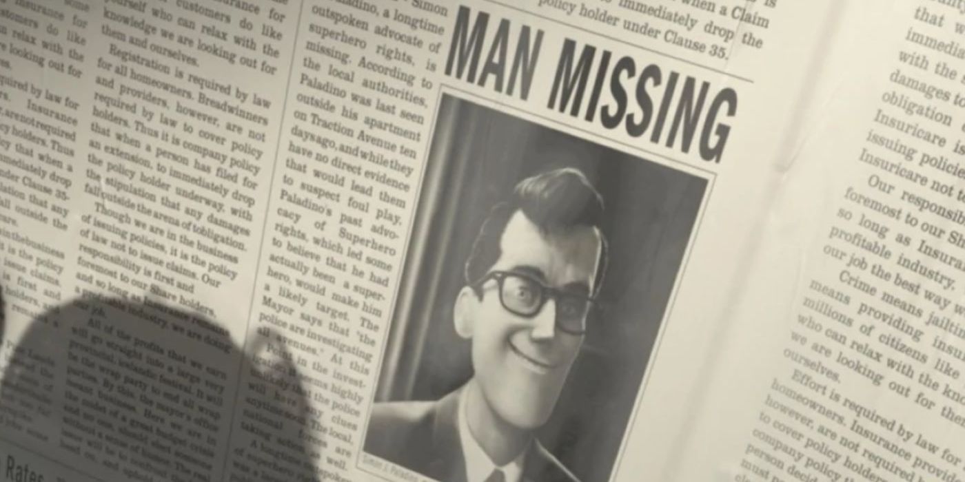 Newspaper picture from the incredibles showing alter ego of Gazerbeam under headline, "MAN MISSING"