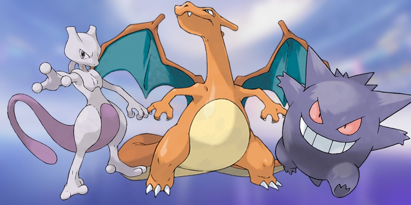 Generation 1 Pokemon Charizard, Gengar, and MewTwo in front of a nondescript purple background.