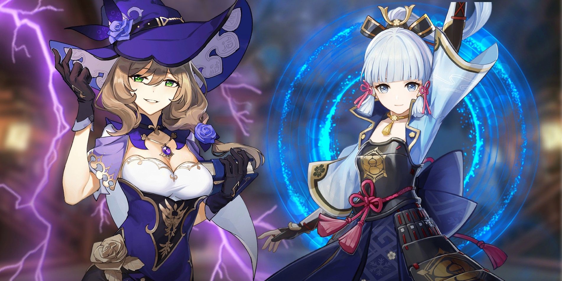 Ayaka de Genshin Impact à direita com um efeito de luz circular azul atrás dela e Lisa à esquerda com um raio roxo atrás dela.