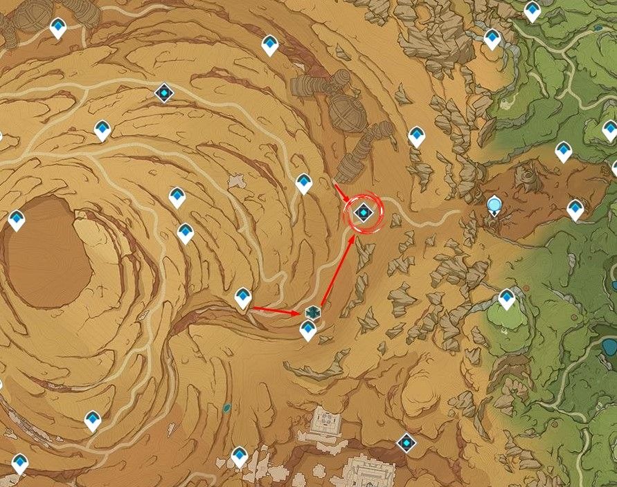Um mapa mostrando os caminhos que os jogadores podem seguir para encontrar a Cidade do Domínio Falecido.